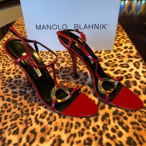 Authentic MANOLO BLAHNIK Red Patent Leather Sandals Size 40.5 (US 9.5)